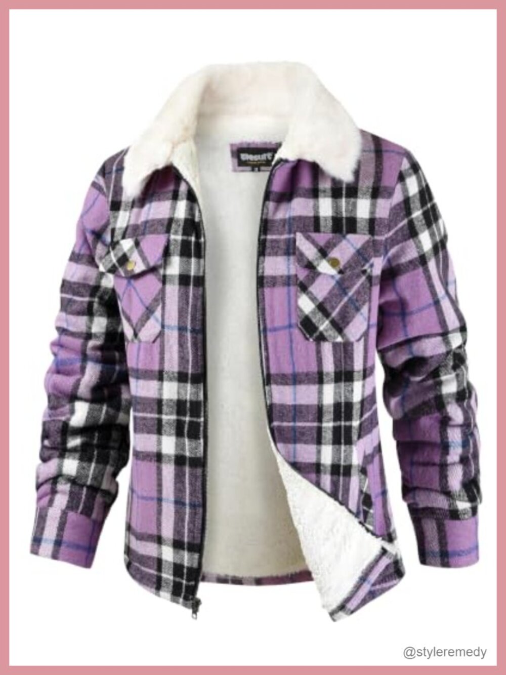 Fleece Lined Plaid Flannel Shirt Jacket Zip Up Sherpa Lined Coat